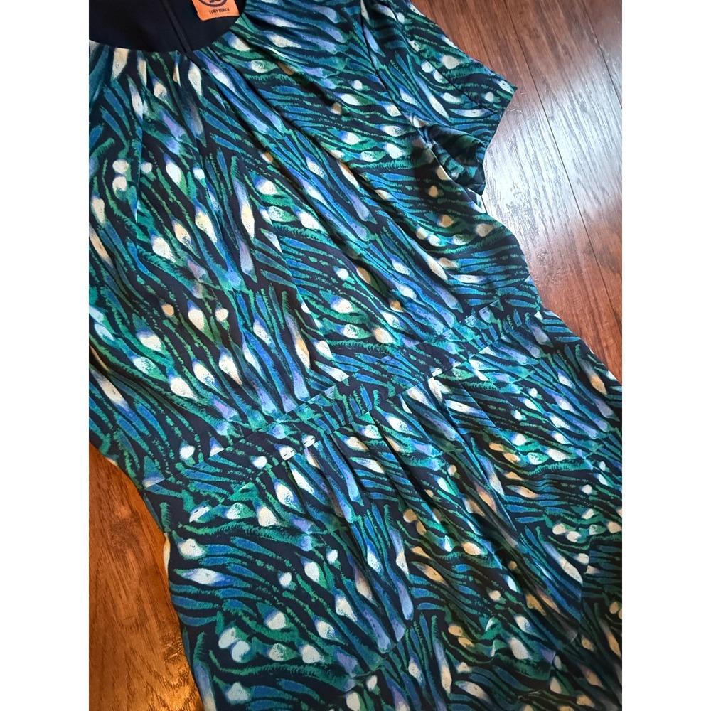 Tory Burch Womens Silk Short Sleeve Abstract Peacock Print Dress Blue Green Sz 8 - Picture 3 of 3